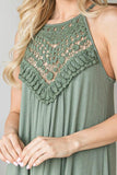 Blissful Belle Crochet Lace Detail Halter Dress - Sage - Fate & Co. Spin, twirl and take the stage in this beautiful sage swing dress. This knee length dress features a detailed crochet lace accent halter top, sleeveless cut, button closure back , and a relaxed swing fit! Perfect for a night on the town with the girls, date night or your next summer wedding! Just throw on a pair of wedges and sparkly jewelry to finish the look!  95% Poly 5% Spandex  Made in USA 