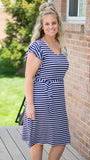 Sweet Confessions Navy and White Striped Ruffle Sleeve Dress with Belt - Fate & Co.