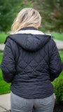 Looking for a "goes with anything" kinda jacket ? Look no further! We love the classic black quilted pattern this coat paired with snap close pockets, double zipper/snap front closure and lined fuzzy hood. The cropped length hits right below the belt line and offers the perfect warm relaxed fit. Pair this jacket with a cute scarf , mittens and a beanie to keep warm this fall/winter.  Color: Black