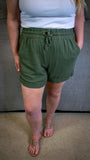 Lazy Days: Linen Drawstring Waist Pull on Shorts w/Pockets - Light Olive