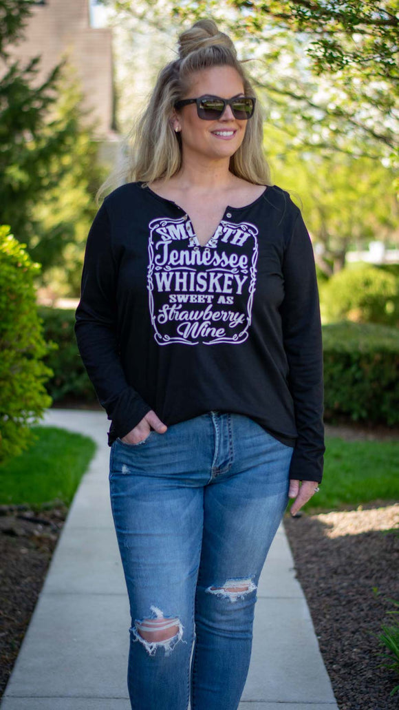 Tennessee Whiskey: Black Split Neck Long Sleeve Women's Top