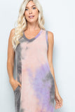 Summer Vibes: Mauve/Charcoal Tie-Dye Sleeveless V-Neck Maxi Dress W/Pockets