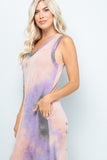 Summer Vibes: Mauve/Charcoal Tie-Dye Sleeveless V-Neck Maxi Dress W/Pockets