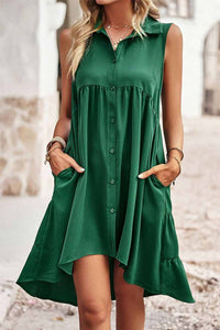 Smooth Talkin' : Green Sleeveless Hi-Low Button Down Shirt Dress