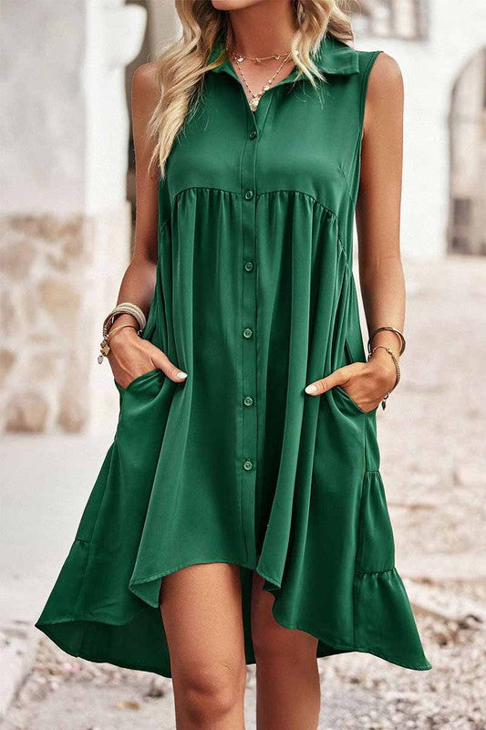 Smooth Talkin' : Green Sleeveless Hi-Low Button Down Shirt Dress – Fate &  Co.