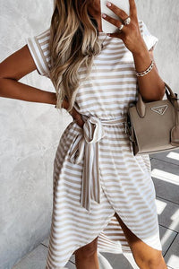 Cruel Summer: Hilton Cotton Blend Khaki & White Striped T-Shirt Dress w/Belt