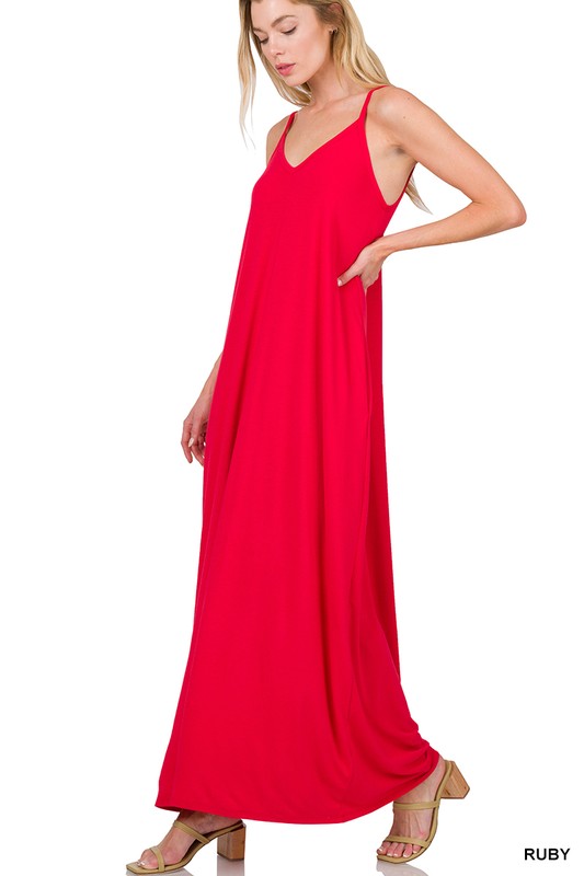 Everyday Chic V-Neck Cami Maxi Dress With Side Pockets - Ruby