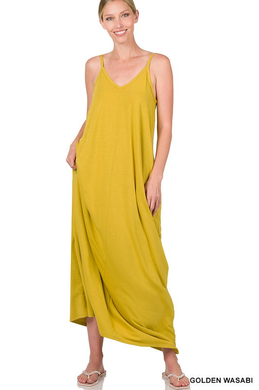 Everyday Chic V-Neck Cami Maxi Dress With Side Pockets - Golden Wasabi
