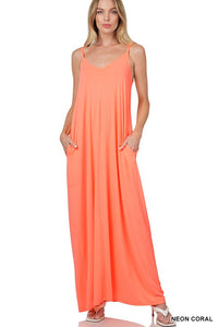 Everyday Chic V-Neck Cami Maxi Dress With Side Pockets - Neon Coral