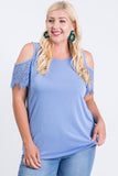 Washed Modal Lace Detail Cold Shoulder - Blue + - Fate & Co. Plus Size Cold shoulder tops are all the rage this season! This beautiful blue blouse is the perfect spring/summer top that can be paired with a variety of jeans, shirts and shorts! Featuring a round neckline, lace detail cold shoulder and relaxed fit, this top is figure flattering and the perfect addition to your wardrobe.