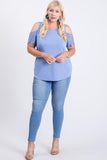 Washed Modal Lace Detail Cold Shoulder - Blue + - Fate & Co. Plus size Cold shoulder tops are all the rage this season! This beautiful blue blouse is the perfect spring/summer top that can be paired with a variety of jeans, shirts and shorts! Featuring a round neckline, lace detail cold shoulder and relaxed fit, this top is figure flattering and the perfect addition to your wardrobe.