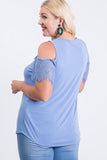 Washed Modal Lace Detail Cold Shoulder - Blue + - Fate & Co. Plus Size Cold shoulder tops are all the rage this season! This beautiful blue blouse is the perfect spring/summer top that can be paired with a variety of jeans, shirts and shorts! Featuring a round neckline, lace detail cold shoulder and relaxed fit, this top is figure flattering and the perfect addition to your wardrobe.