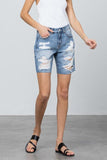 Insane Gene Distressed Premium Bermuda Short 5/28 - Fate & Co. Classic comfort with some funk and flare! Bermuda shorts are all the rage this season and these ultra distressed denim Bermudas are the perfect throw on and go afternoon shorts! These mid rise Bermudas feature a relaxed fit, medium wash and ultra distressed front, we love them paired with a classic white tee or tank and flip flops for a casual summer look.   100% Cotton  Color: Medium Wash