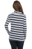 Say it Again: Navy and Grey Stripe Cowl Neck Long Sleeve Top