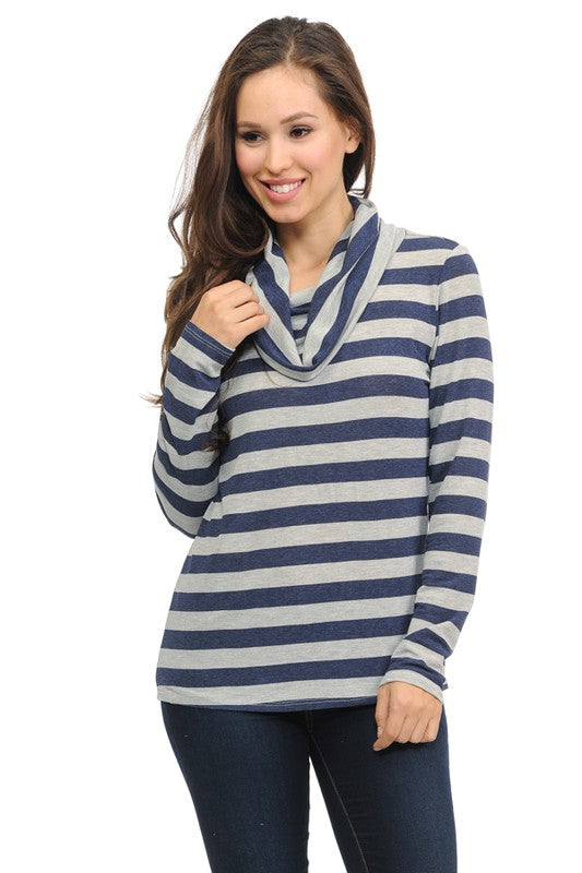 Say it Again: Navy and Grey Stripe Cowl Neck Long Sleeve Top