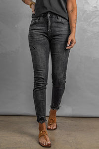 The Cora: Black High Rise Frayed Ankle Skinny Jeans