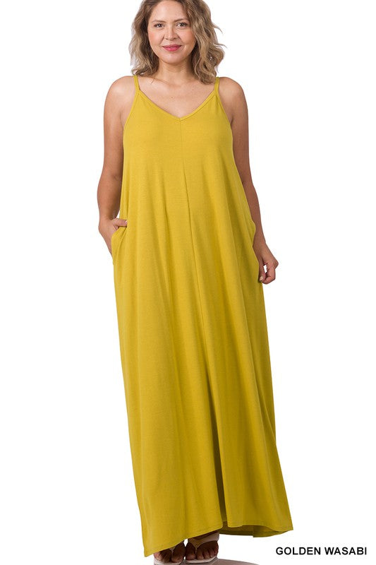 Everyday Chic V-Neck Cami Maxi Dress With Side Pockets - Golden Wasabi +
