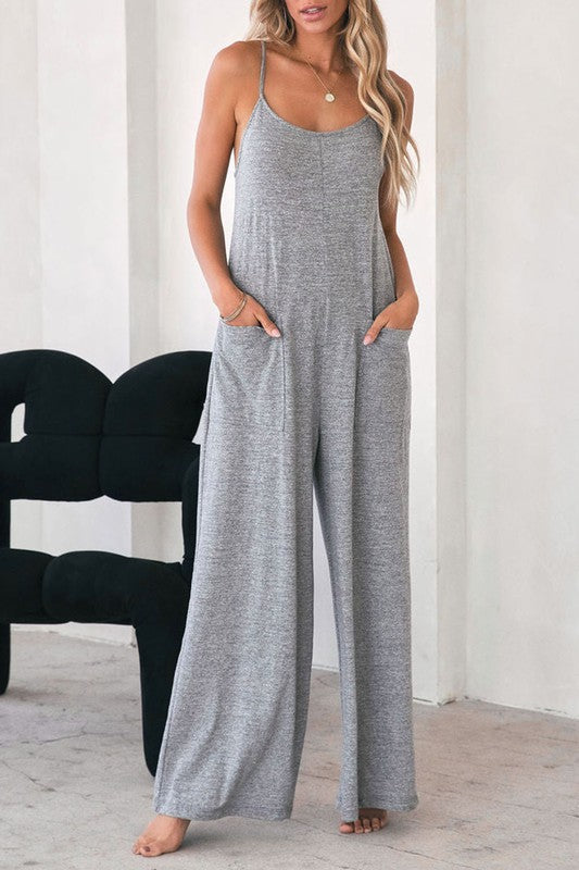 Just Be: Gray Jersey Knit Ultra Soft Wide Leg Jumpsuit w/Pockets – Fate &