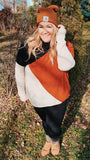Looking for that fun twist on a classic top? How amazing is this new tri-color color block ribbed knit sweater? Featuring a a black, rust and cream color block pattern with a solid black back, lightweight ribbed knit fabric, rolled turtle neck and relaxed fit. This top pairs perfectly with any of our faux leather legging or jean and booties for a bomb pop of color look! 