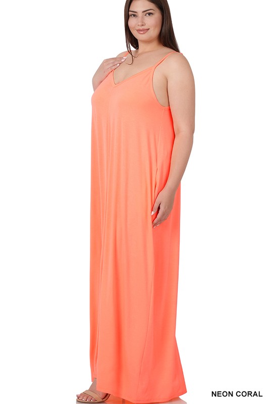 Everyday Chic V-Neck Cami Maxi Dress With Side Pockets - Neon Coral +