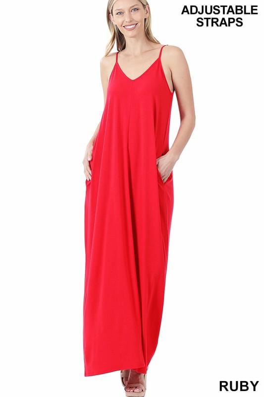 Everyday Chic V-Neck Cami Maxi Dress With Side Pockets - Ruby - Fate & Co.