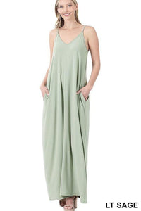 Everyday Chic V-Neck Cami Maxi Dress With Side Pockets - Lt Sage - Fate & Co.