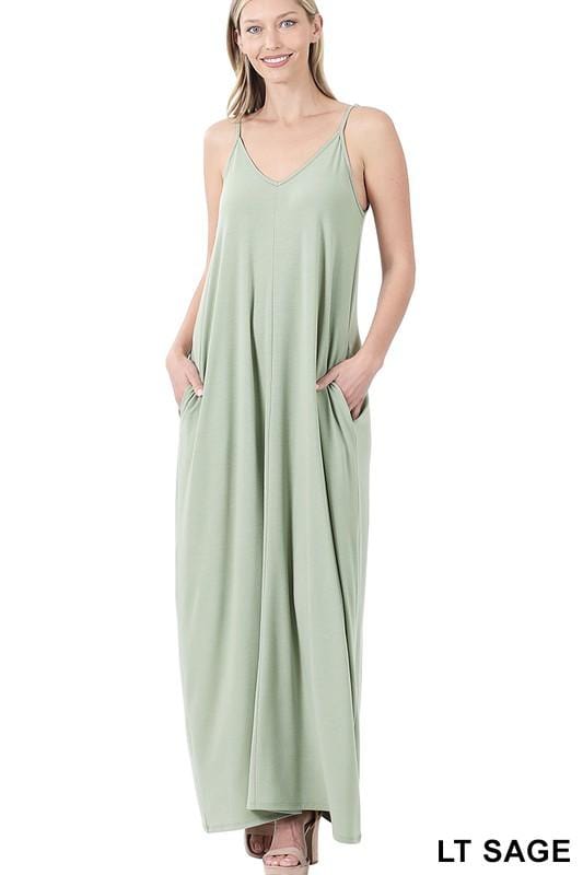 Everyday Chic V-Neck Cami Maxi Dress With Side Pockets - Lt Sage - Fate & Co.