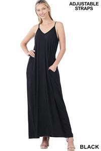 Everyday Chic V-Neck Cami Maxi Dress With Side Pockets - Black - Fate & Co.