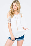 Washed Modal Lace Detail Cold Shoulder - White - Fate & Co. Cold shoulder tops are all the rage this season! This beautiful white blouse is the perfect spring/summer top that can be paired with a variety of jeans, shirts and shorts and highlights that beautiful summer tan!  Featuring a round neckline, lace detail cold shoulder and relaxed fit, this top is figure flattering and the perfect addition to your wardrobe.