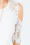 Washed Modal Lace Detail Cold Shoulder - White - Fate & Co.Cold shoulder tops are all the rage this season! This beautiful white blouse is the perfect spring/summer top that can be paired with a variety of jeans, shirts and shorts and highlights that beautiful summer tan!  Featuring a round neckline, lace detail cold shoulder and relaxed fit, this top is figure flattering and the perfect addition to your wardrobe.