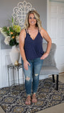 Luxe Lady Navy Surplice Tank with Gathered Elastic Hem Waist - Fate & Co.