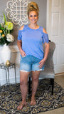 Fly High Washed Modal Lace Detail Cold Shoulder Blouse - Blue - Fate & Co. Cold shoulder tops are all the rage this season! This beautiful blue blouse is the perfect spring/summer top that can be paired with a variety of jeans, shirts and shorts! Featuring a round neckline, lace detail cold shoulder and relaxed fit, this top is figure flattering and the perfect addition to your wardrobe.