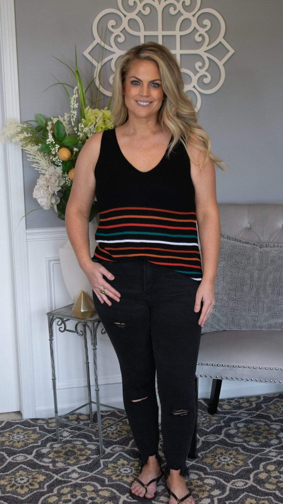 Forever Young Striped Knit Tank Top - Fate & Co. We LOVE this lightweight and fun multi-color striped tank! Featuring a super soft black knit fabric ,cute and colorful multi stripe mid detail, sexy v-neck and a slim fit silhouette, this top looks incredible on all body shapes and sizes. Tuck in or wear it out paired with your favorite denim and sandals! We featured it with our Julia Vervet by Flying Monkey shark bite black jeans. 