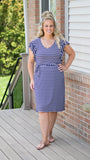 Sweet Confessions Navy and White Striped Ruffle Sleeve Dress with Belt - Fate & Co.