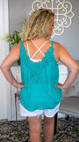 Field of Dreams Flowing Turquoise Tank Blouse with Lace Yoke - TBD - Fate & Co. looking chic and festive. Pair this top off with your favorite jeans for an outfit that can go from zero to hero in under two minutes flat! 