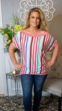 This vibrant, raspberry striped top is so stunning! This versatile neckline can be worn completely or partially off the shoulder allowing you to individually decide what looks best on your body! We love the great amount of stretch this blouse provides in addition to the bloused hem and dolman sleeves. This top looks great with a variety of denim bottoms or shorts!   95% Rayon 5% Spandex  Color: Raspberry Striped