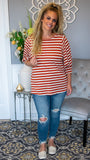 Pass me the pumpkin spice and lets head to the orchard! This jersey knit blouse is anything but basic! Featuring a rust and cream striped pattern , you'll love this 3/4 sleeve blouse for any occasion! This top also has a round neckline, smocked cuff on the sleeves and is the perfect comfortable fit. The lightweight material makes this blouse so comfy and easy to wear all day long! Pair this top with jeans and a pair of boots for a casual chic look! 
