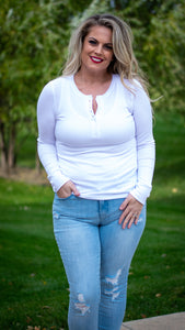 Simple Delight: Ribbed Long Sleeve Henley Top w/Eight Button Closure - White