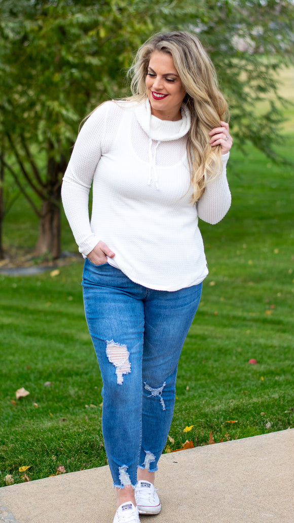 Cloud 9: Lightweight Waffle Knit Cowl Neck Drawstring Pullover- White