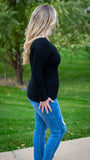 Simple Delight: Ribbed Long Sleeve Henley Top w/Eight Button Closure- Black