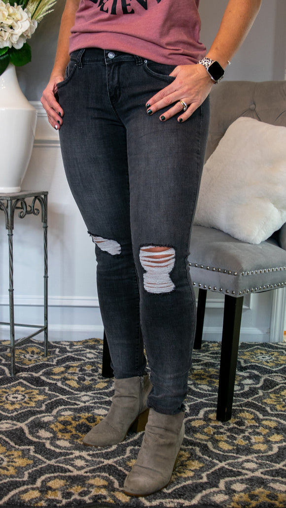 The Nikki - 3 Button Distressed Faded Black Denim Skinny Jeans