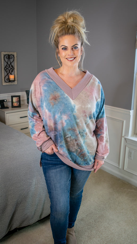 Forget Me Not : Denim and Mauve French Terry Tie Dye Print Deep V-Neck Top w/Double Slit Hem