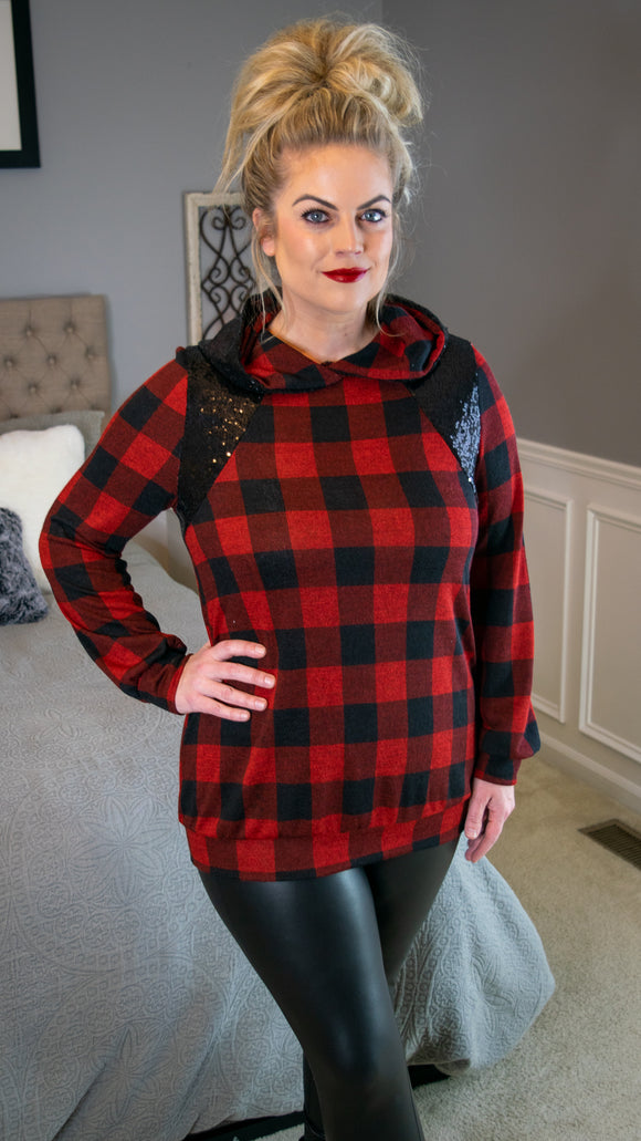 Back to Business Buffalo Plaid Hoodie w/Black Sequin Detail