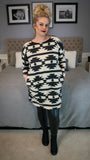 In My Dreams : 3/4 Sleeve Black and Cream Aztec Dress w/Pockets