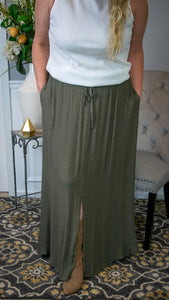 Sweet Impressions : Smocked Waist Drawstring Maxi Skirt w/ Front Slit and Pockets