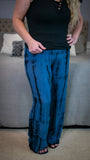 Mystic Moments: Denim Blue and Black Tie Dye Wide Leg Palazzo Pants w/Smocked Waistband