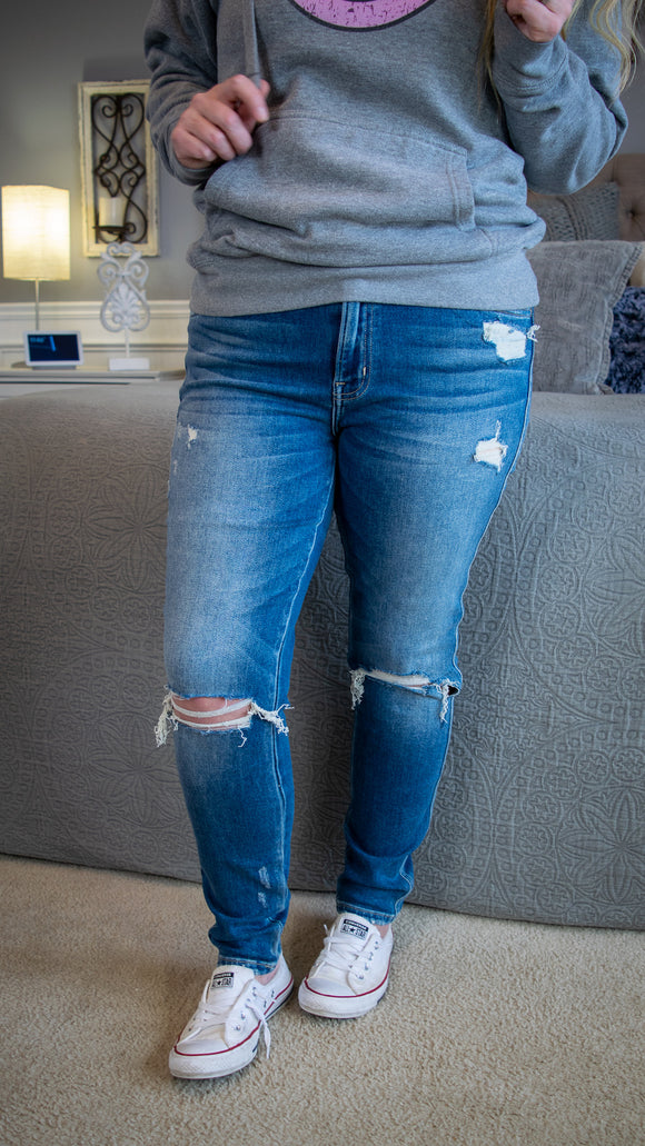 The Tori; Mid-Rise, Medium Wash, Distressed Vervet by Flying Monkey Ankle Skinny Jean