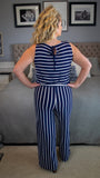 Waters Edge: Navy and White Stripe Sleeveless Jumpsuit w/ Pockets