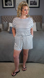Southern Comfort: White and Black Striped Romper w/Pockets
