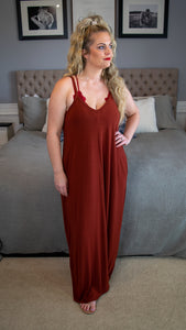 Everyday Chic V-Neck Cami Maxi Dress With Side Pockets - Fired Brick